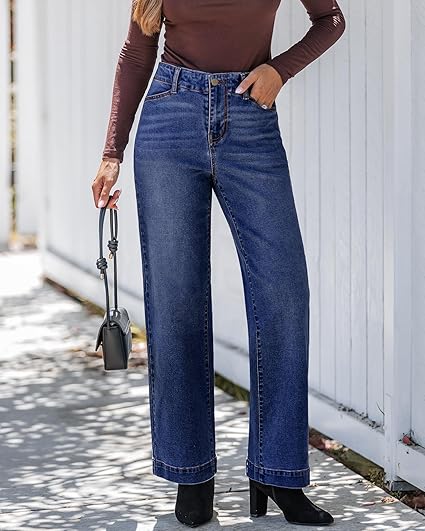 GRAPENT Wide Leg Jeans Woman High Waisted Trendy Stretchy Denim Pants Classic Trouser Jeans with Slash Pockets