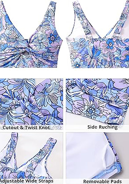 GRAPENT Bikini Tops for Women Cropped Tankini Tops Floral Printed Beach Padded Knot Twist Cut Out Bathing Suit Top Only