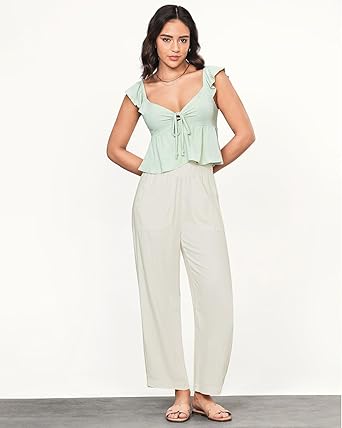 GRAPENT Linen Pants Women Wide Leg High Waisted Cropped Barrel Pull On Smocked Elastic Waist Summer Pants with Pockets