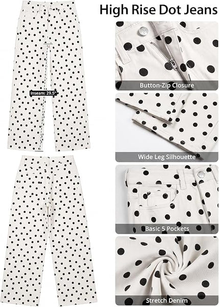 GRAPENT Wide Leg Jeans for Women High Waisted Polka Dot Stretch Denim Pants | Polka Dot, 90s Baggy Straight, High Rise, 29.5 Inch Inseam, Stretchy Jean Pants, Classic 5 Pockets, Business Casual Outfits