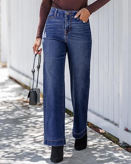 GRAPENT Wide Leg Jeans Woman High Waisted Trendy Stretchy Denim Pants Classic Trouser Jeans with Slash Pockets