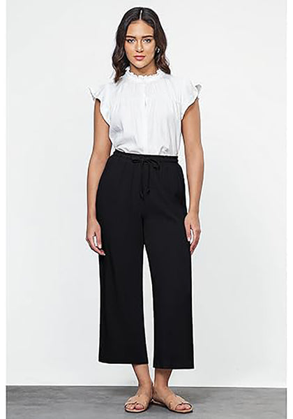 GRAPENT Linen Pants for Women High Waisted Wide Leg Capri Elastic Waist Casual Beach Flowy Cropped Summer Capris Pants