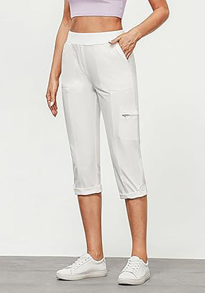 GRAPENT Capri Cargo Pants for Women High Waisted Pull On Elastic Waist Stretch Twill Fold Hem Capris Pants with Pockets