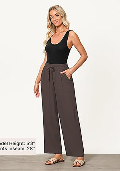 GRAPENT Linen Pants for Women Wide Leg High Waisted Baggy Drawstring Elastic Waist Palazzo Trousers Pants with Pockets