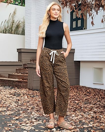 GRAPENT Barrel Jeans for Women Trendy High Waisted Pull On Wide Leg Cropped Leopard Cheetah Print Stretchy Denim Pants