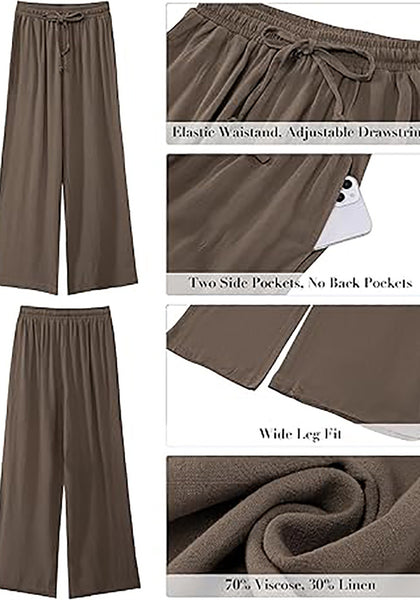 GRAPENT Wide Leg Pants Woman Linen High Waisted Pull On Flowy Casual Baggy Drawstring Palazzo Trousers Pants Resort Wear