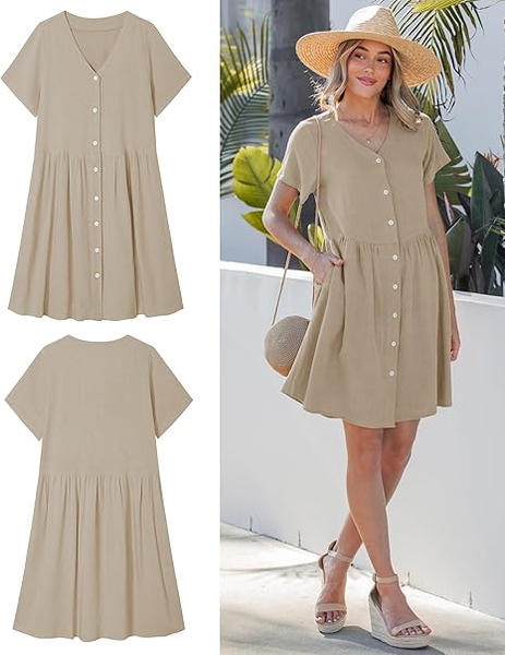 GRAPENT Linen Dresses for Women Casual Summer Babydoll Button Down Short Sleeve V Neck Above Knee Dress with Pockets