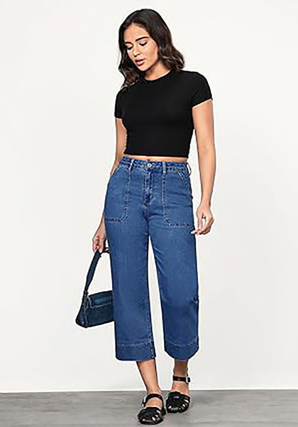 GRAPENT Capri Jeans for Women High Waisted Wide Leg Trendy Strechy Loose Straight Cropped Denim Jeans Pants with Pockets