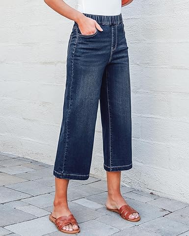 GRAPENT Capri Jeans for Women Wide Leg High Waisted Effortless Flow Pull On Stretchy Denim Elastic Waist Pants with Pockets