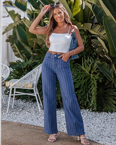 GRAPENT Striped Jeans for Women Trendy High Waisted Wide Leg Dressy Casual Stretchy Denim Pants Trouser Jeans