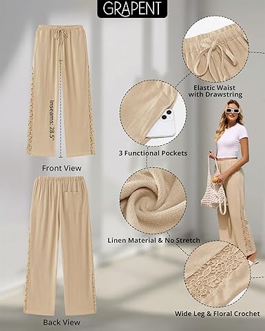 GRAPENT Linen Pants Women Wide Leg High Waisted Crochet Panel Pull On Elastic Waist Casual Summer Beach Vacation Pants