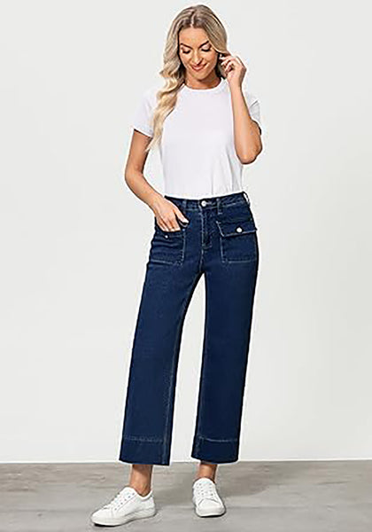 GRAPENT Wide Leg Jeans for Women Trendy High Waisted Straight Leg Cropped Stretchy Denim Pants with Retro Patch Pockets