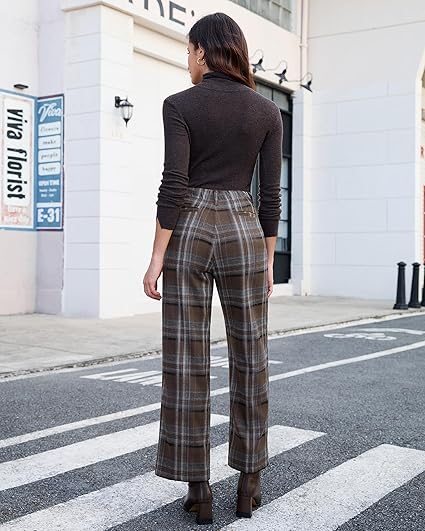 GRAPENT Plaid Pants for Women Wide Leg High Waisted Tartan Work Business Casual Elastic Waist Trousers Pants with Pocket
