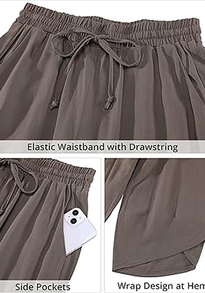 GRAPENT Linen Pants Women High Waisted Wide Leg Casual Beach Pull On Elastic Waist Summer Cropped Pants with Pockets