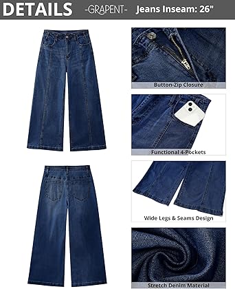 GRAPENT Wide Leg Jeans Woman Trendy Cropped High Waisted Front Seam Casual Stretchy Denim Trouser Jeans with Pockets