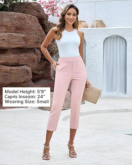GRAPENT Capri Pants for Women High Waisted Pull On Dress Pants Slim Straight Leg Stretchy Waist Capris Trousers Pants