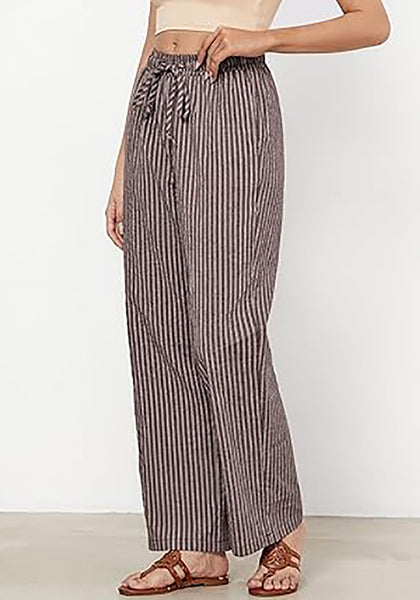 GRAPENT Striped Pants for Women High Waisted Wide Leg Cotton Linen Trendy Beach Pull on Elastic Waist Casual Flowy Pants