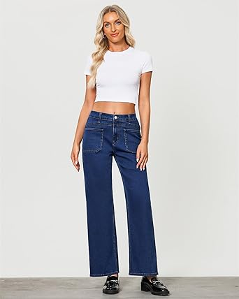 GRAPENT Wide Leg Jeans for Women Trendy High Waisted Loose Straight Leg Stretchy Retro Denim Pants with Pouch Pockets