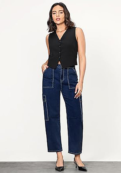 GRAPENT Barrel Jeans for Women Trendy High Waisted Cropped Cargo Pocket Baggy Stretch Denim Pants Wide Leg Tapered Jeans