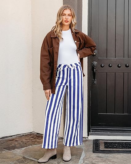 GRAPENT Women Jeans Striped Wide Leg High Waisted Trendy Stretchy Denim Pants Cute Casual Trouser Jeans with Pockets