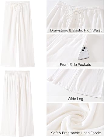 GRAPENT Linen Wide Leg Pants Woman High Waisted Pull On Button Drawstring Baggy Casual Summer Palazzo Pants with Pockets