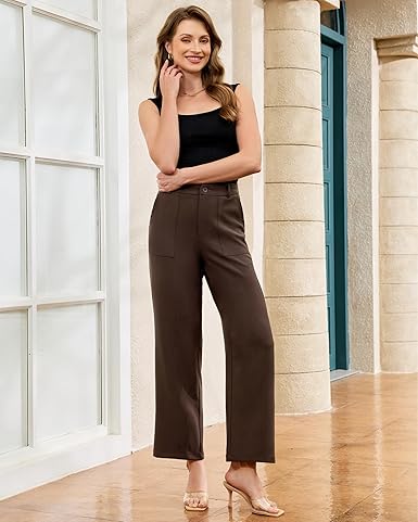 GRAPENT Wide Leg Dress Pants Women Business Casual High Waisted Elastic Waist Stretchy Work Trousers Pants with Pockets