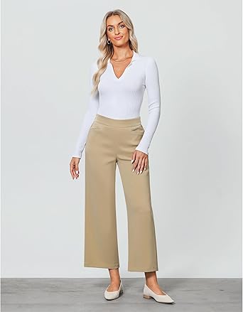 GRAPENT Cropped Pants for Women Trendy Business Casual High Waisted Pull On Wide Leg Stretchy Dress Pants with Pockets
