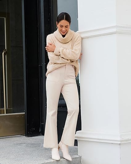 GRAPENT Corduroy Pants for Women Flare High Waisted Fall Winter Elastic Waist Stretchy Work Casual Trendy Wide Leg Pants