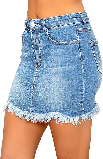 GRAPENT Women's Mid-Waist Ripped Denim Skirt Casual Fringed Hem Mini Skirt with Pockets