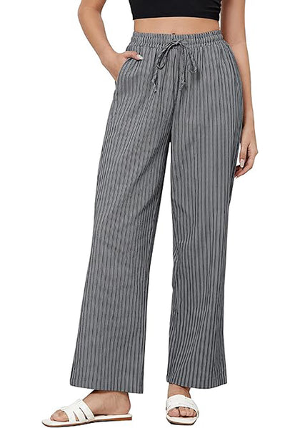 GRAPENT Striped Pants for Women High Waisted Wide Leg Cotton Linen Trendy Beach Pull on Elastic Waist Casual Flowy Pants