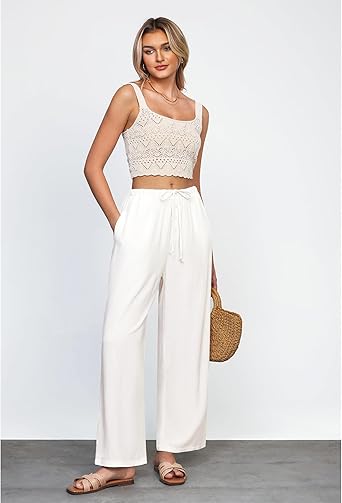 GRAPENT Linen Wide Leg Pants Woman High Waisted Pull On Button Drawstring Baggy Casual Summer Palazzo Pants with Pockets