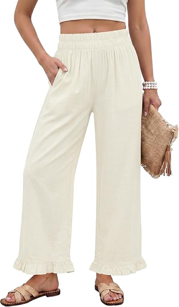 GRAPENT Linen Pants Women Wide Leg Ruffle Hem Pull On High Waisted Elastic Waist Cropped Ankle Casual Beach Summer Pants