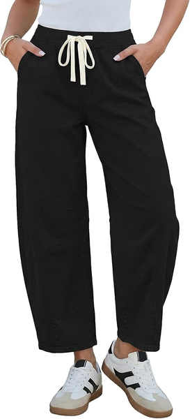 GRAPENT Barrel Jeans for Women Trendy High Waisted Cropped Baggy Wide Leg Pull On Elastic Waist Stretchy Denim Pants