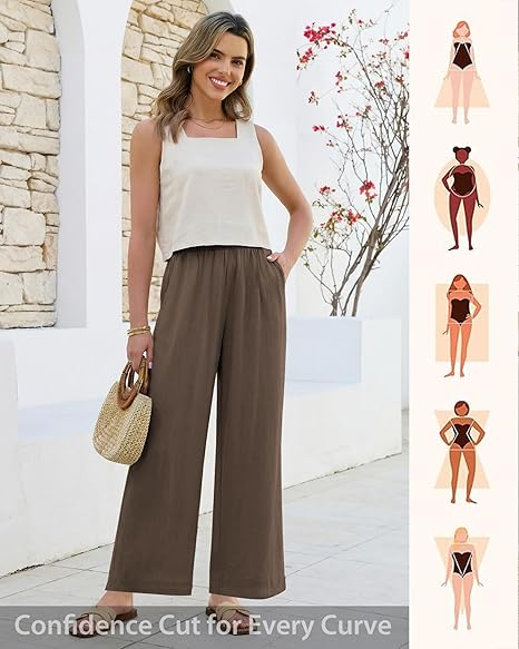 GRAPENT Linen Pants for Women Wide Leg High Waisted Paper Bag Smocked Waist Casual Summer Beach Vacation Palazzo Pants