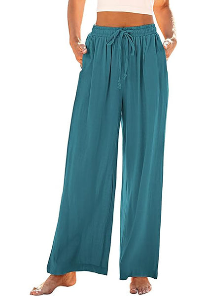 GRAPENT Wide Leg Pants Woman Linen High Waisted Pull On Flowy Casual Baggy Drawstring Palazzo Trousers Pants Resort Wear