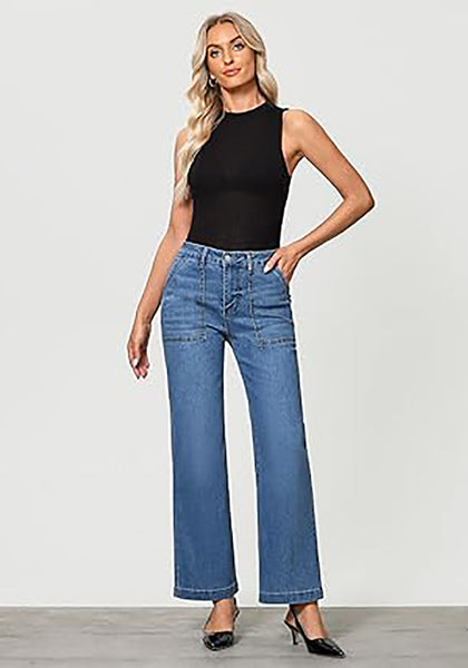 GRAPENT Jeans for Women High Waisted Straight Leg Jeans Stretchy Trendy Wide Leg Denim Pants Jean Trousers Patch Pockets