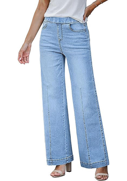 GRAPENT Pull On Womens Jeans Baggy Stretchy High Waisted Denim Wide Leg Trouser Pants Trendy Front Seam 90s Loose Jean