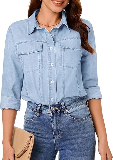 GRAPENT Women's Shirt Rugged Button Down Loose Durable Classic Fitted Denim Blouse Top