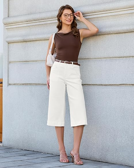GRAPENT Capri Jeans for Women Wide Leg Trendy High Waisted Side Seam Stretchy Denim Capris Pants Summer Casual Jeans