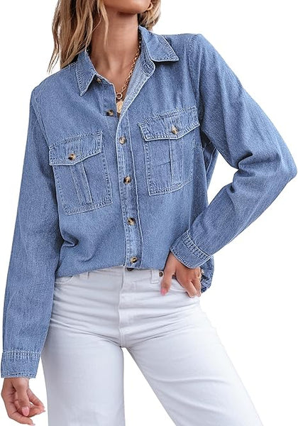 Grapent Women's Supima Cotton Wrinkle-free Relaxed Fit  Button Shirt Workwear-inspired Denim Shirt