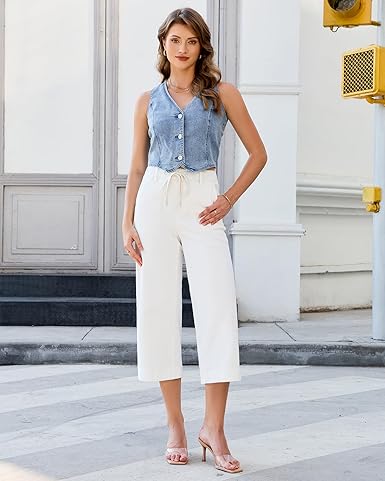 GRAPENT Capris Jeans for Women Trendy Wide Leg Capri Pants High Waisted Pull On Elastic Waist Summer Stretch Denim Jeans