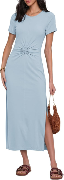 GRAPENT Long Dresses for Women Summer Casual Side Slit Twist Front 2026 Beach Vacation Short Sleeve Comfy Tshirt Dress