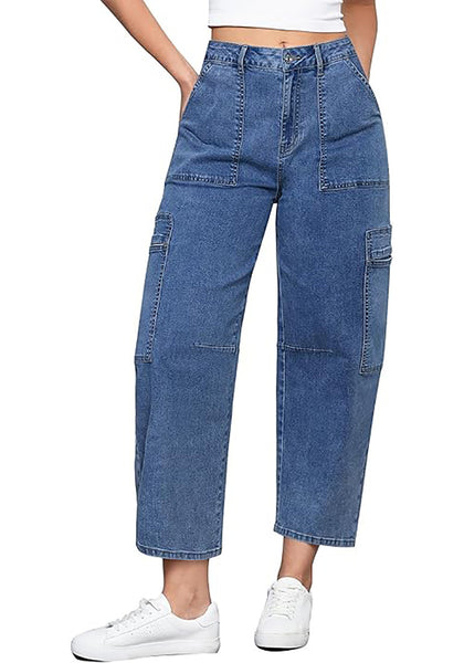 GRAPENT Barrel Jeans for Women Trendy High Waisted Cropped Cargo Pocket Baggy Stretch Denim Pants Wide Leg Tapered Jeans