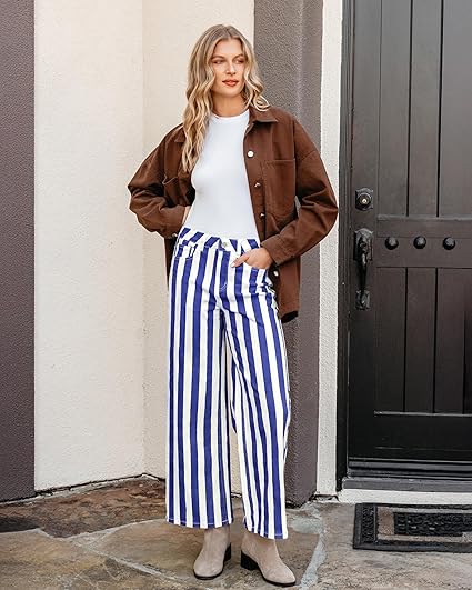 GRAPENT Women Jeans Striped Wide Leg High Waisted Trendy Stretchy Denim Pants Cute Casual Trouser Jeans with Pockets