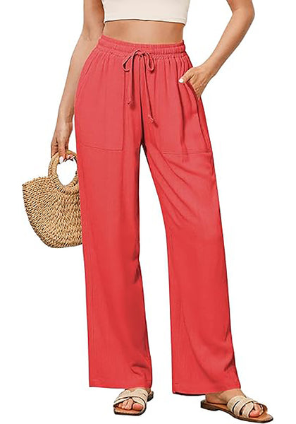 GRAPENT Linen Pants for Women Wide Leg High Waisted Baggy Drawstring Elastic Waist Palazzo Trousers Pants with Pockets