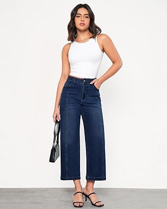 GRAPENT Wide Leg Jeans Woman Trendy Cropped High Waisted Front Seam Casual Stretchy Denim Trouser Jeans with Pockets
