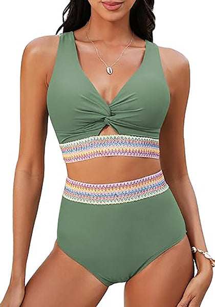 GRAPENT Bikini Sets for Women High Waisted Two Piece Swimsuit Padded Knot Twist Cut Out Color Block Bathing Suit Bikinis