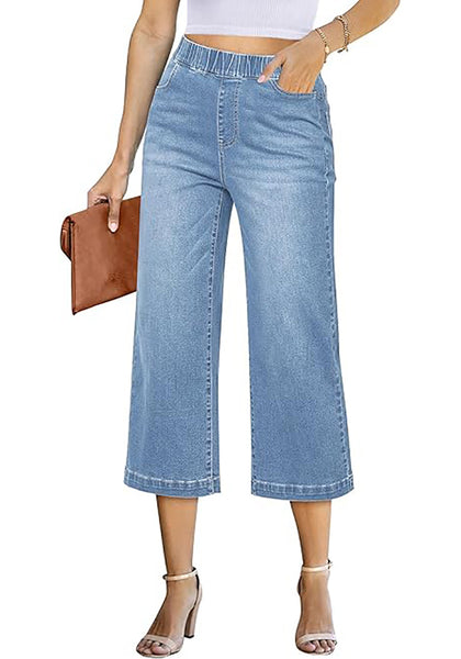 GRAPENT Capri Jeans for Women Wide Leg High Waisted Effortless Flow Pull On Stretchy Denim Elastic Waist Pants with Pockets