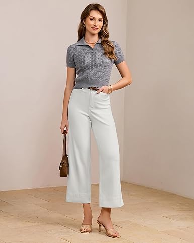 GRAPENT Wide Leg Jeans for Women Cropped Trendy High Waisted Welt Pocket Stretchy Denim Pants Distressed Trouser Jeans