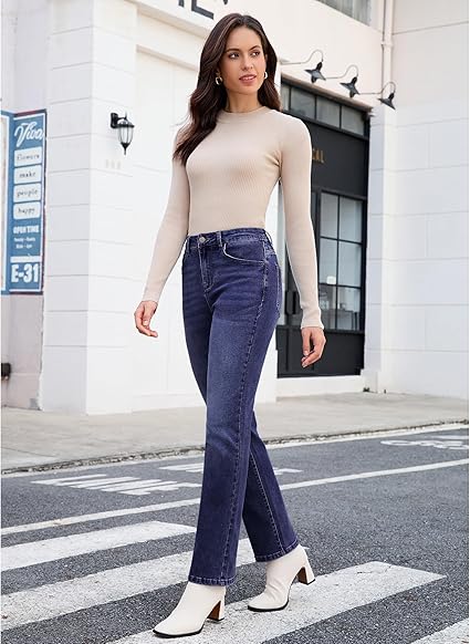 GRAPENT Straight Leg Jeans for Women Trendy High Waisted Classic Stretchy Denim Pants Casual Trouser Jeans with Pockets